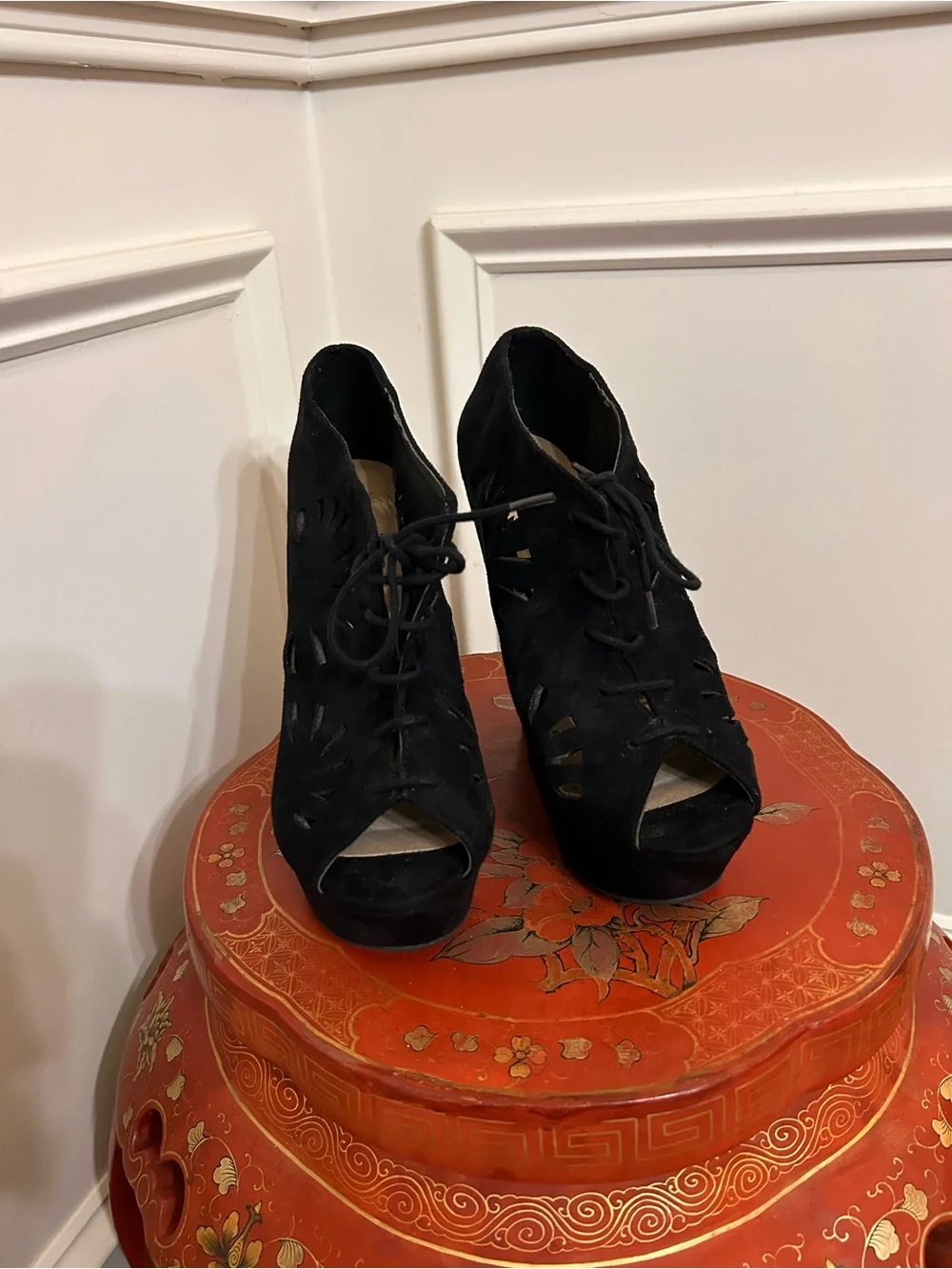 Delicious Black Suede Peep Toe Lace-Up Wedge Booties